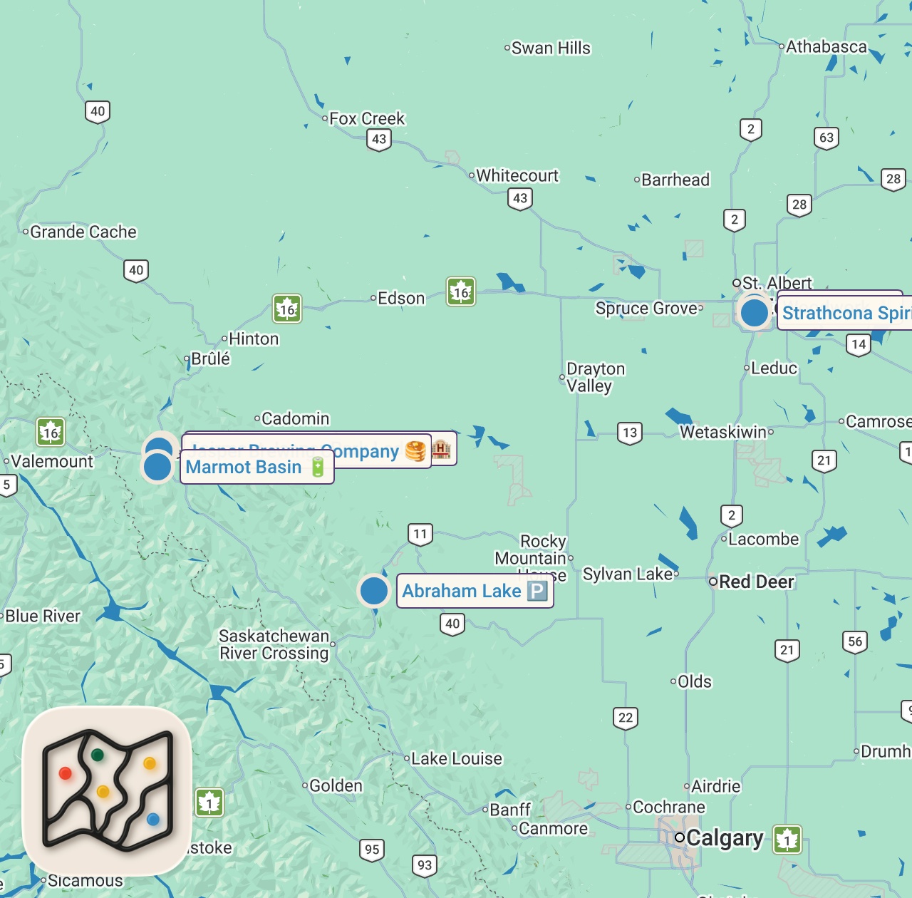 Map of 7 spots from Alberta Travel Guide | Icefields Parkway Road Trip Jasper to Banff