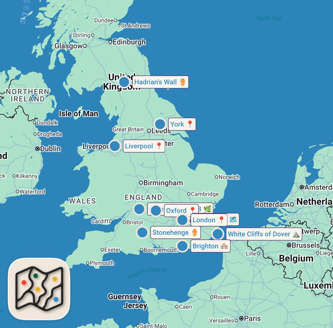 Map of 10 spots from Amazing Places to Visit in England (UK) - Travel Video