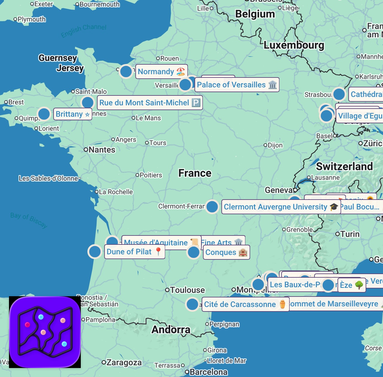 Map of 31 spots from Wonders of France | Most Amazing Places and Villages in France | Ultimate 4K Travel Guide