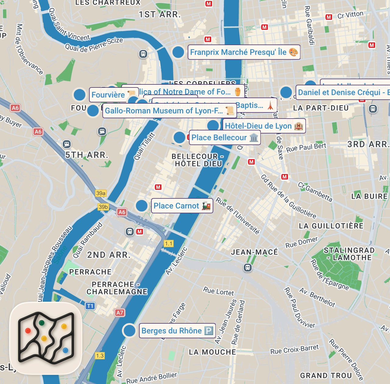 Map of 13 spots from Lyon, France : La Ville la Plus Sous Cotée d’Europe ?