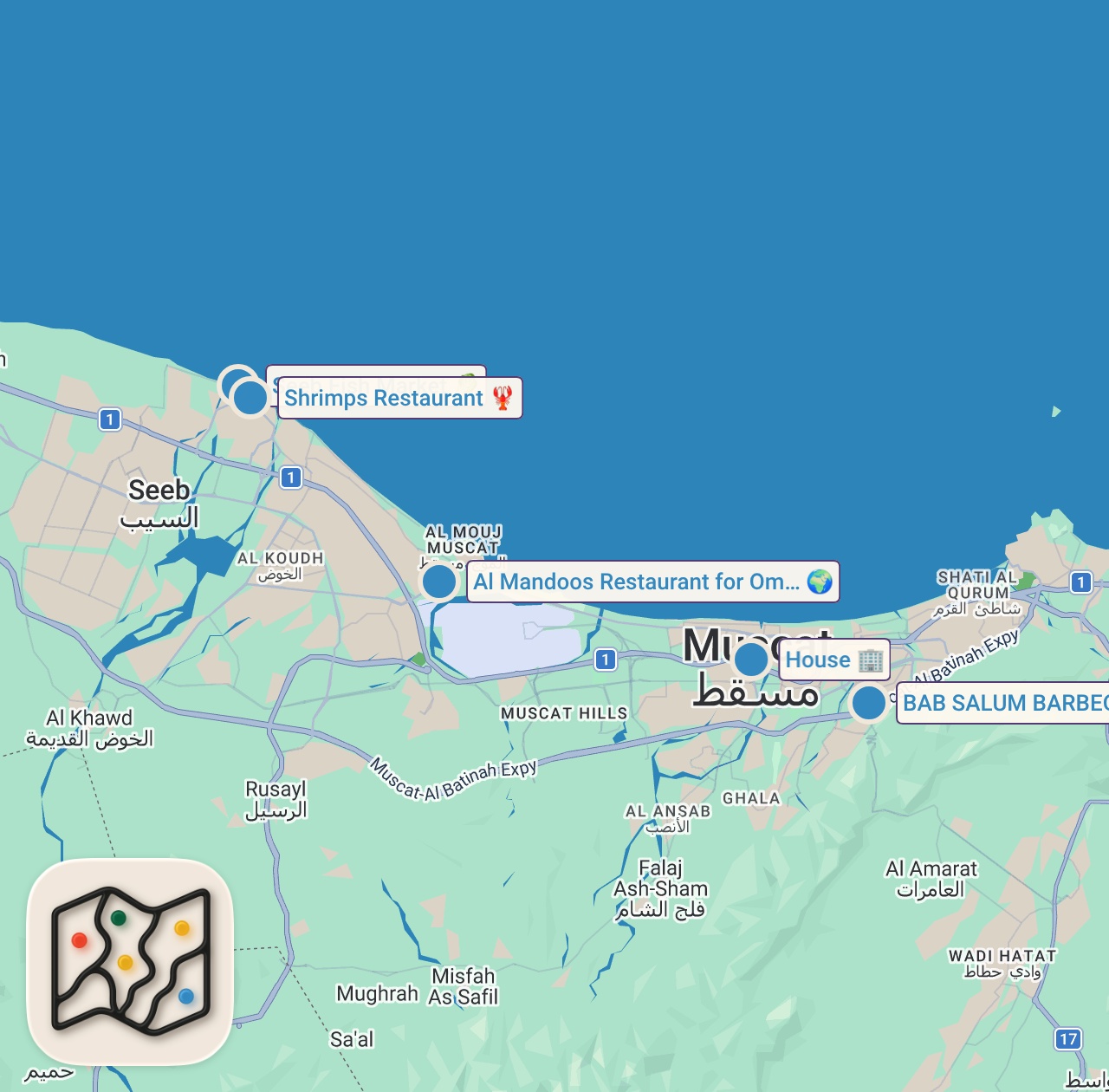 Map of 5 spots from Arabian Seafood Tour!! FISH MARKET + Most Unique Seafood in Oman!! 🇴🇲