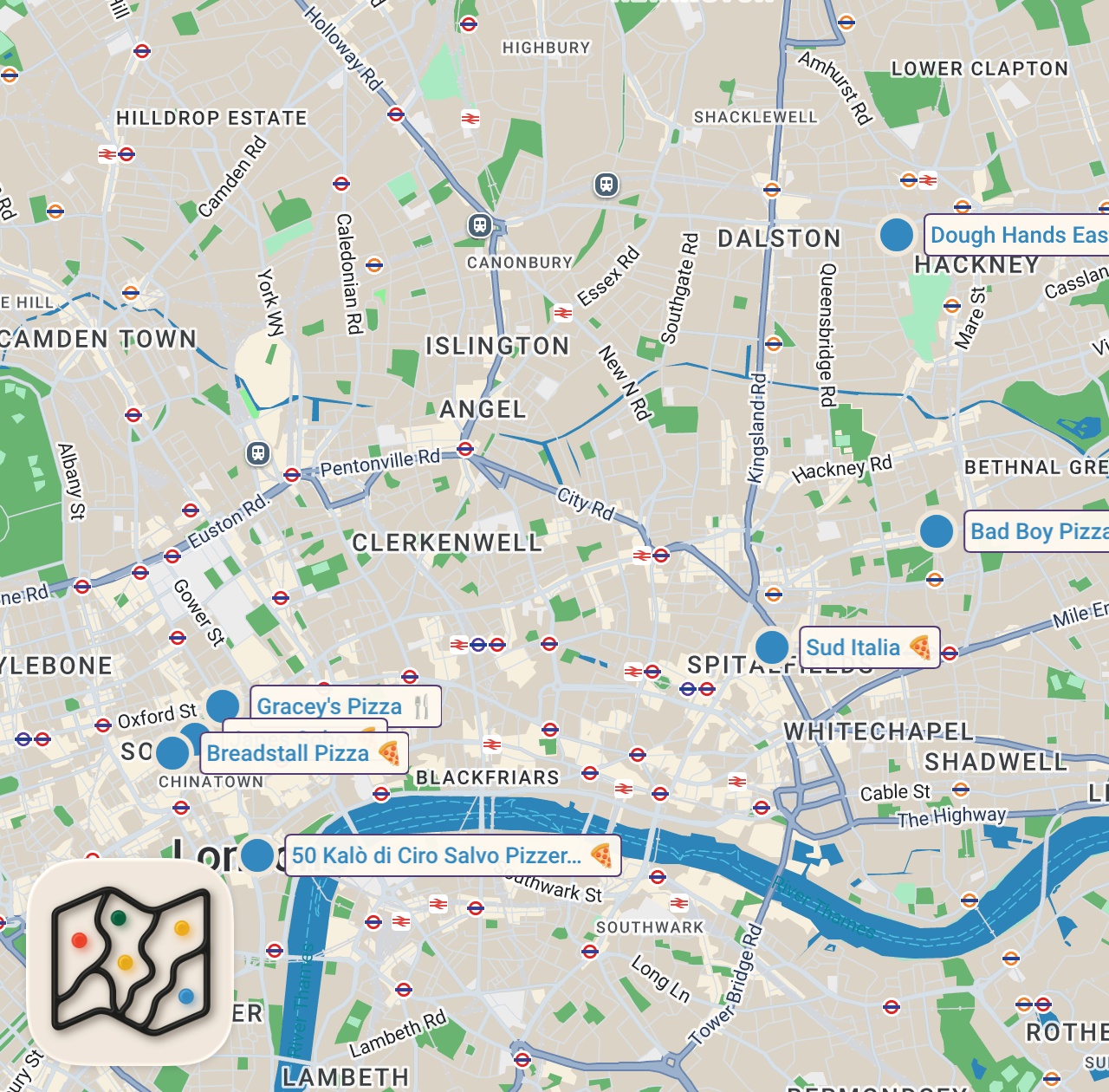 Map of 8 spots from Finding the Best Pizza in London