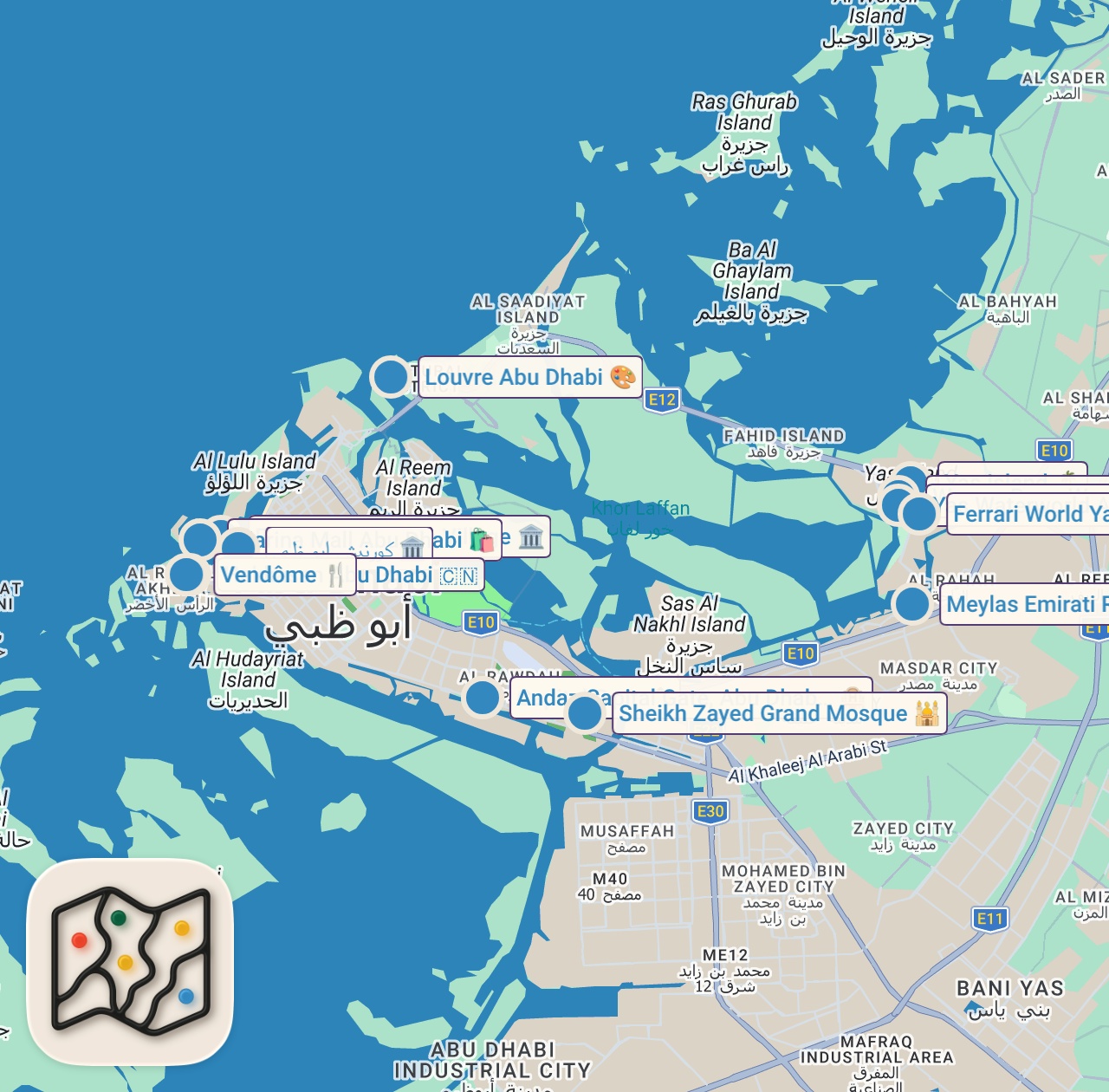 Map of 14 spots from أجمل 7 أماكن سياحية في أبو ظبي 2024
