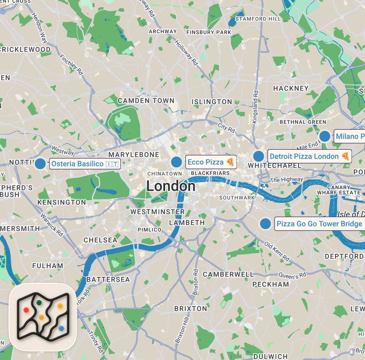 Map of 5 spots from I Tried the Worst Pizzas in London