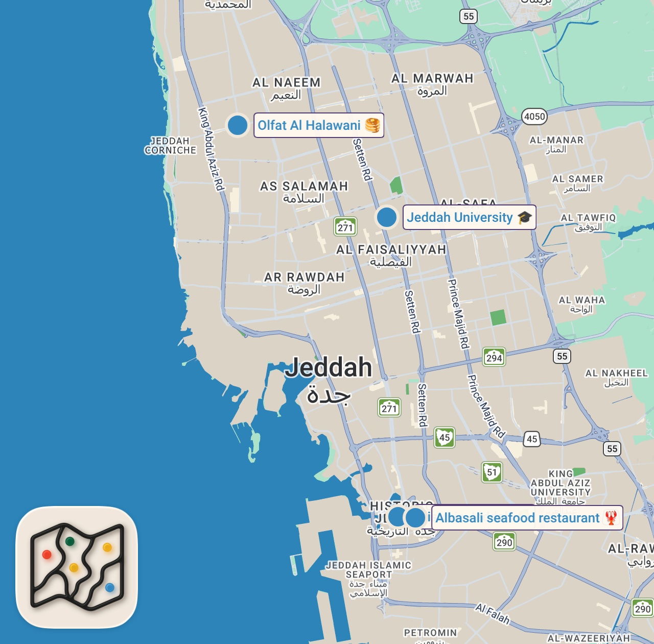 Map of 4 spots from Street Food + SEAFOOD in Saudi Arabia!! 🇸🇦 Best RED SEA Fish and Shrimp in Jeddah!!