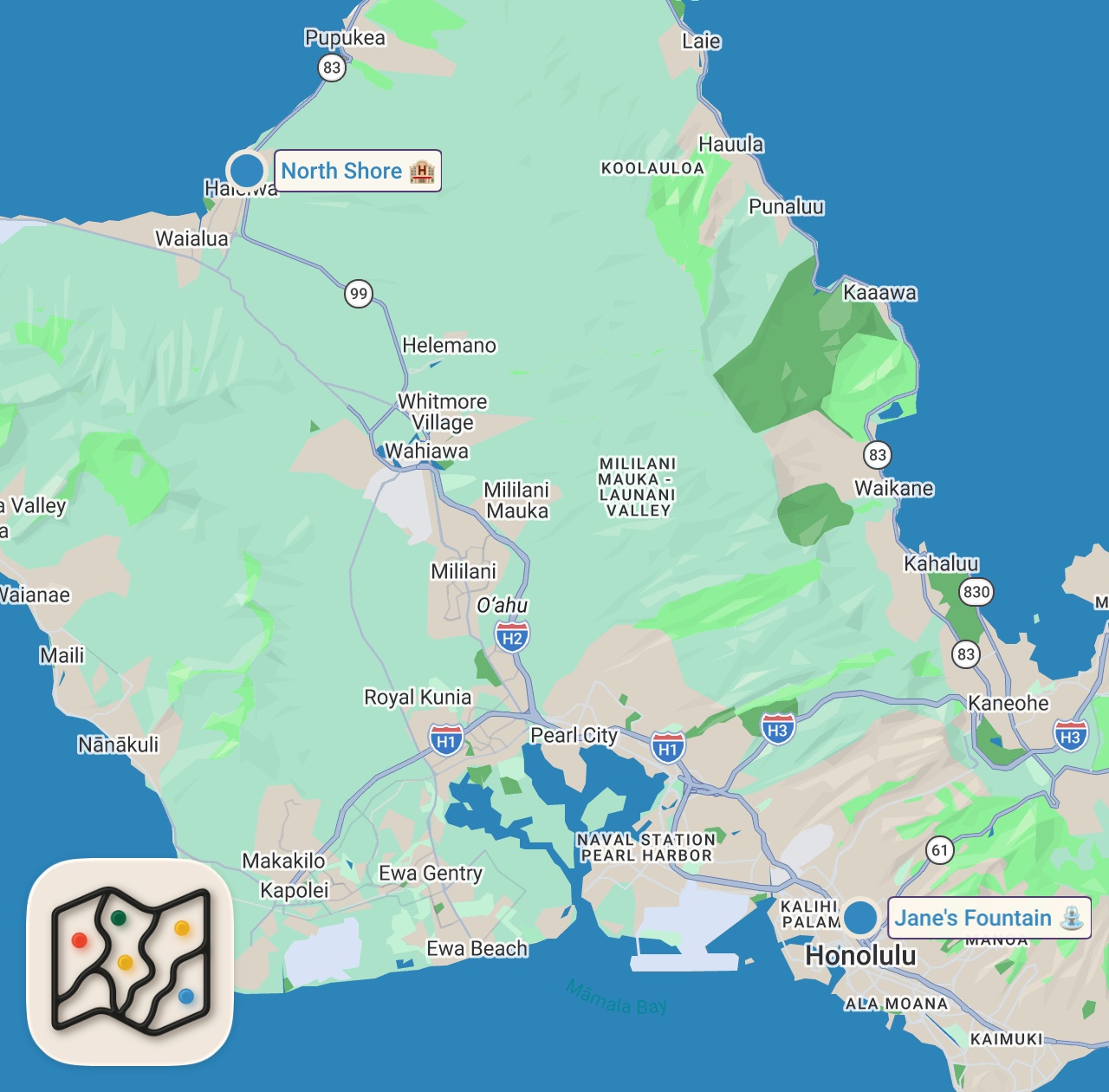 Map preview for Surf, Ski, and SPAM?! in Oahu | Anthony Bourdain: No Reservations | Travel Channel