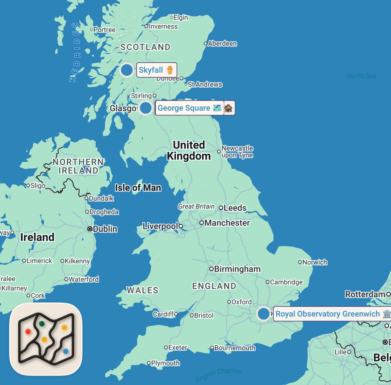 Map of 4 spots from Trying Haggis and Blood Pudding for the First Time in Scotland | Exploring London with Friends