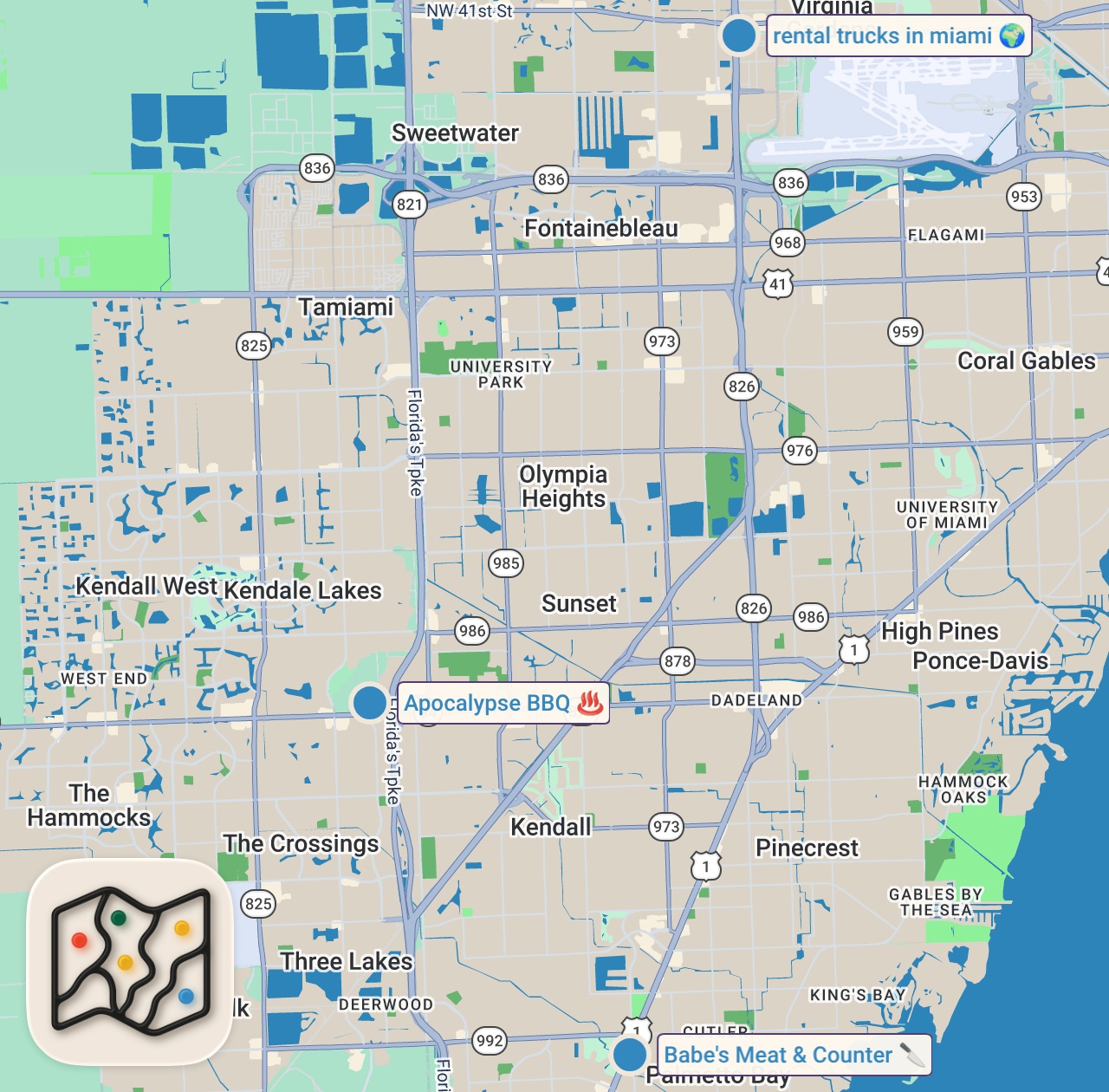 Map of 3 spots from Eating the BIGGEST BBQ Meat Platter in Miami, Florida!!