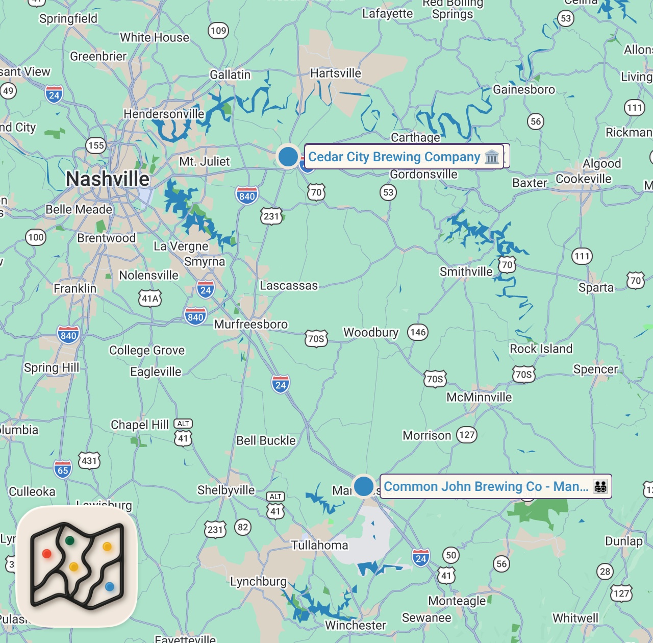 Map of 3 spots from Can I Survive 24 Hours Eating Only Brewery Food?
