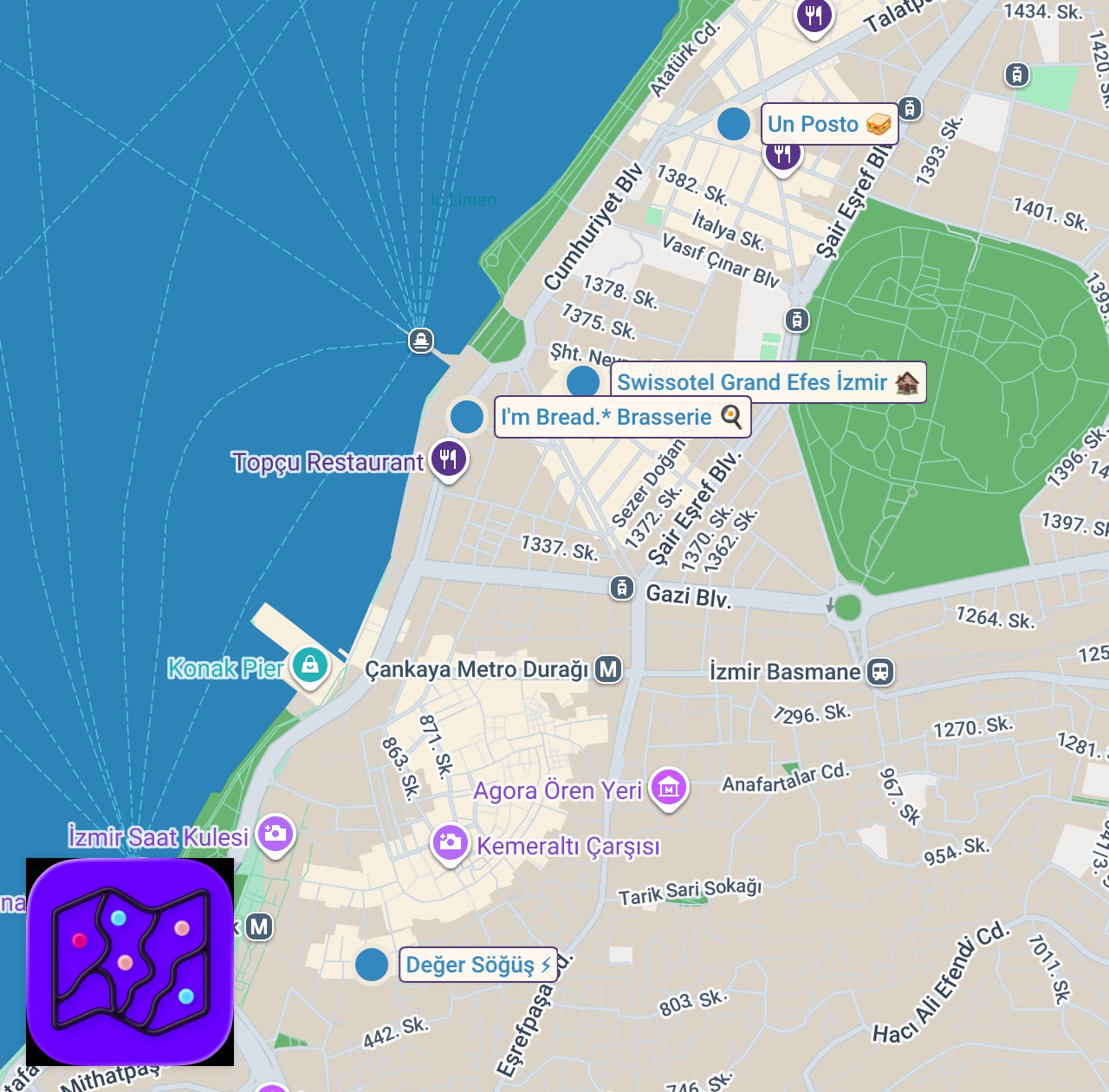 Map of 4 spots from İZMİR SANDVİÇ REHBERİ #2 | Söğüş, Kuzu Burger, Schiacciata Sandviç ve Kulüp Sandviç