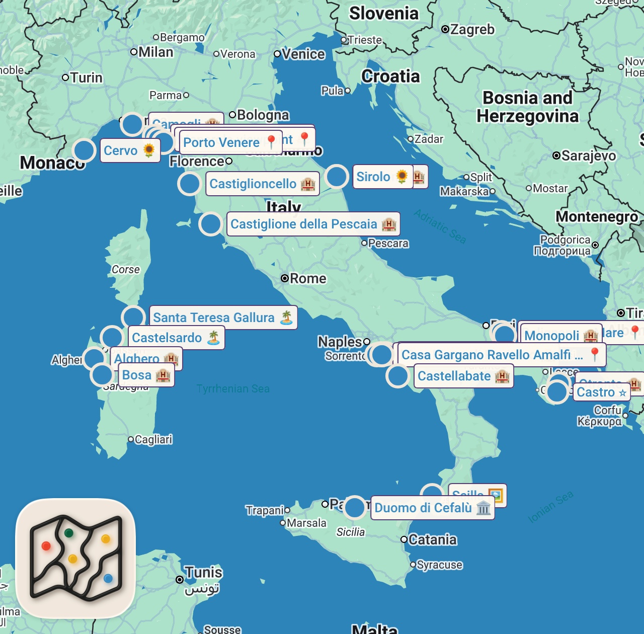 Map of 51 spots from 50 Tra i Borghi di Mare più Belli d'Italia | 4K Guida di Viaggio