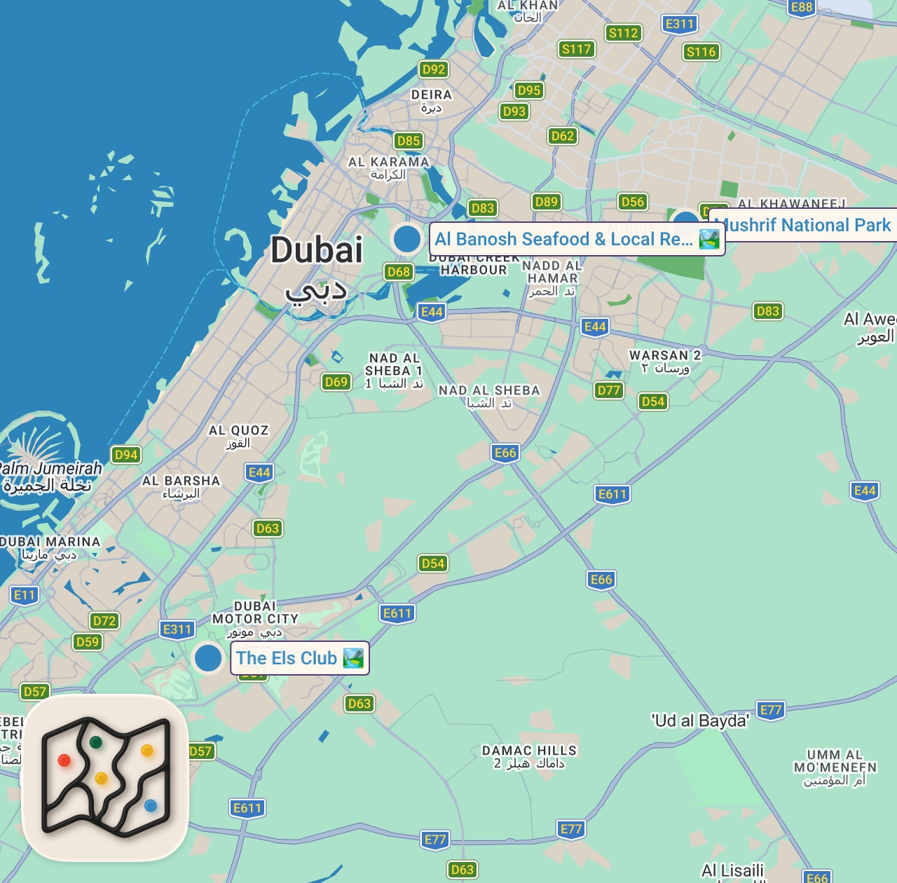 Map of 3 spots from Amazing Arabian Food!! SEAFOOD BBQ MOUNTAIN in Dubai, UAE!