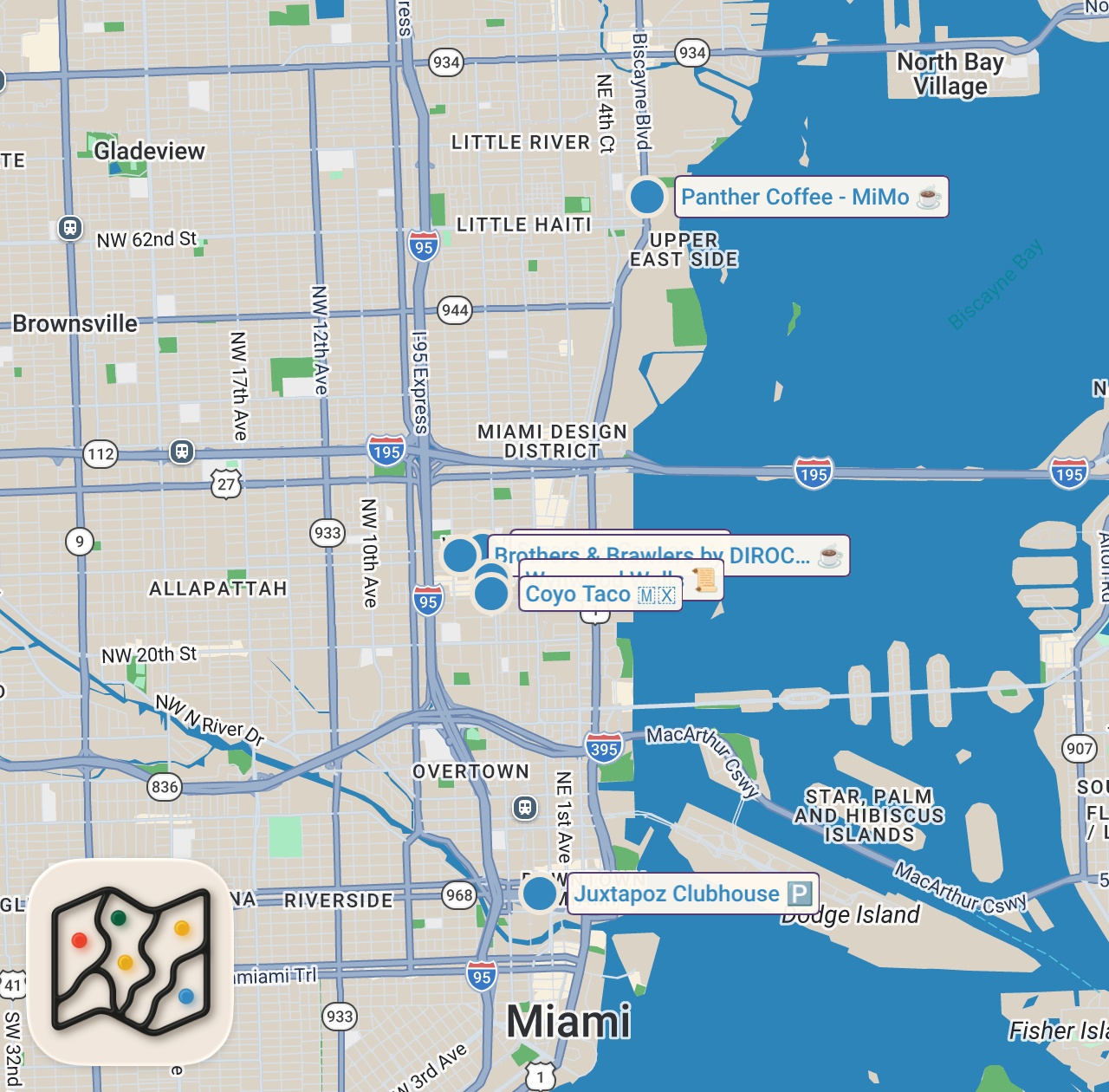 Map of 6 spots from AMAZING STREET ART IN MIAMI FLORIDA
