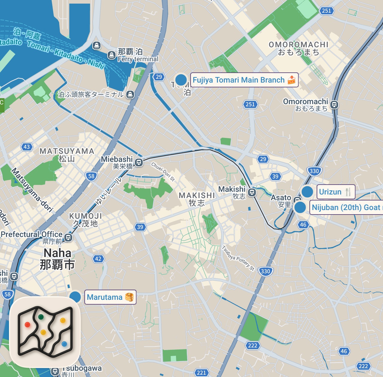 Map of 5 spots from Food Tour in Okinawa!! DELICIOUS + BIZARRE FOODS Only on This Island!!
