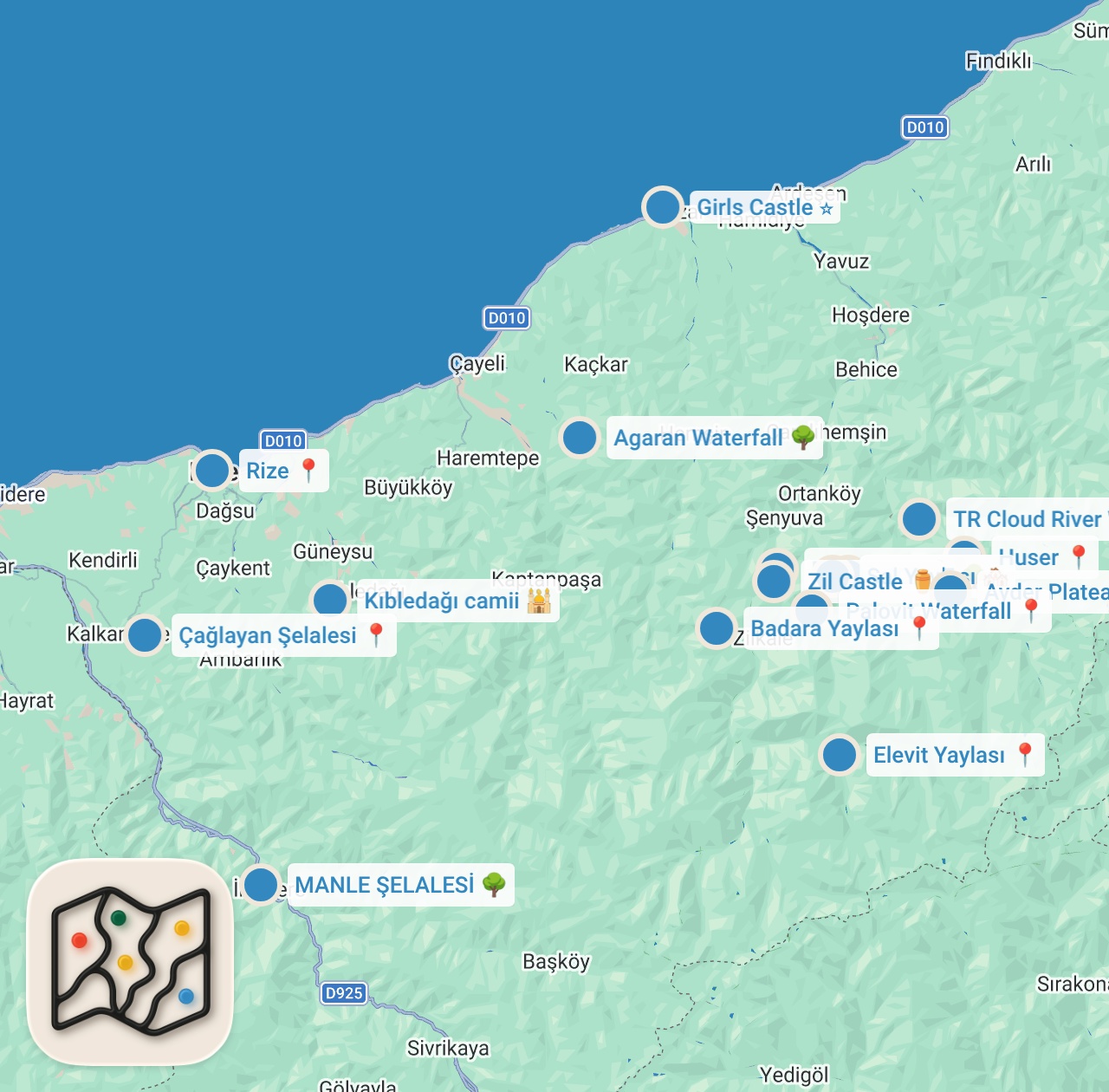 Map preview for RİZE'DE GEZİLECEK YERLER | 3 GÜNLÜK GEZİ ROTASI