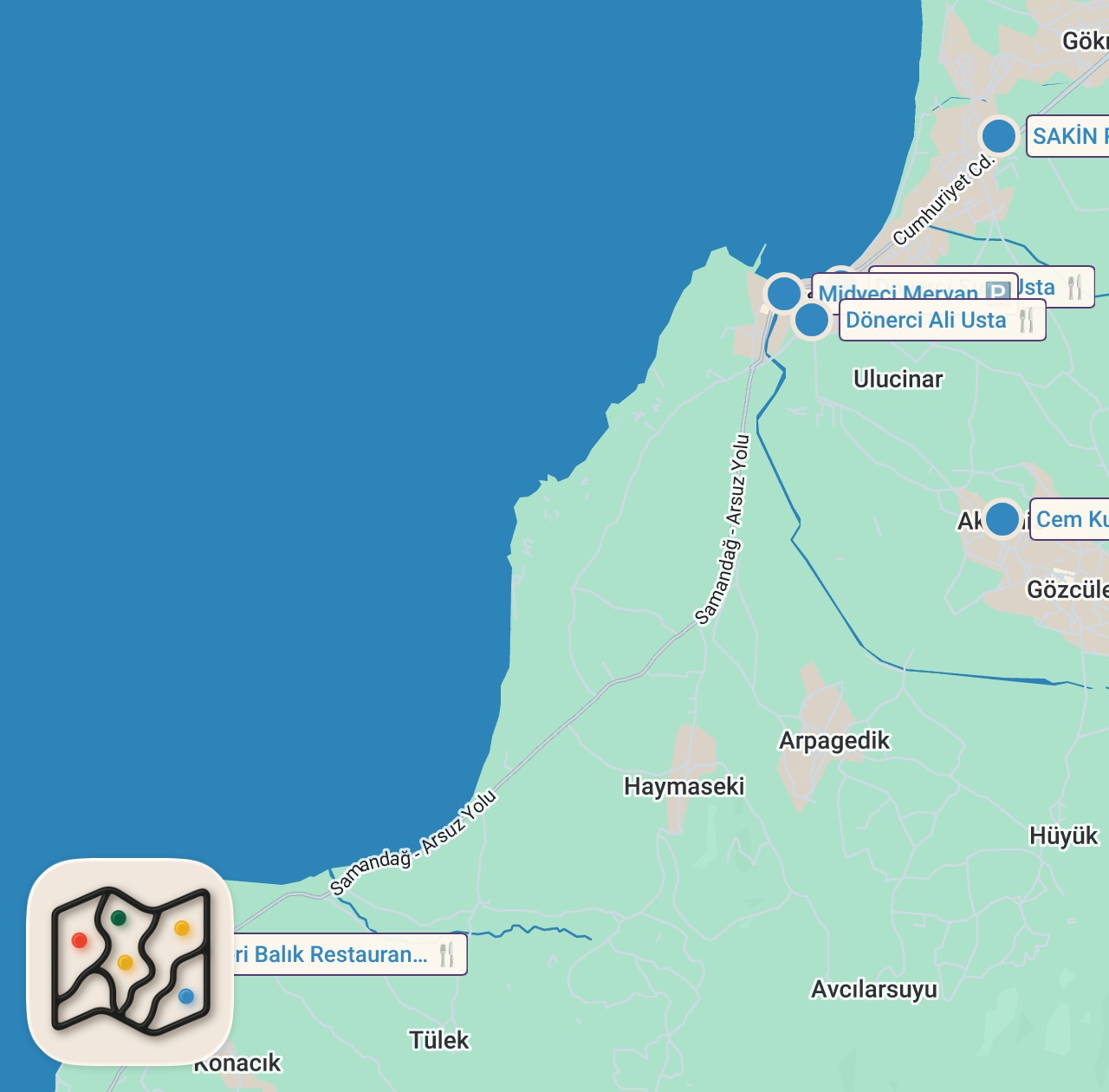 Map of 7 spots from ABİMLE ARSUZ’DA DÜNYALARI YEDİK 2!!! @ilkerbilen