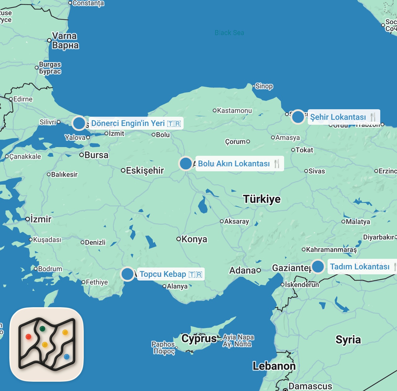 Map preview for EN SEVDİĞİMİZ DÖNERCİLER - TOP 5️⃣ - Ayaküstü Lezzetler