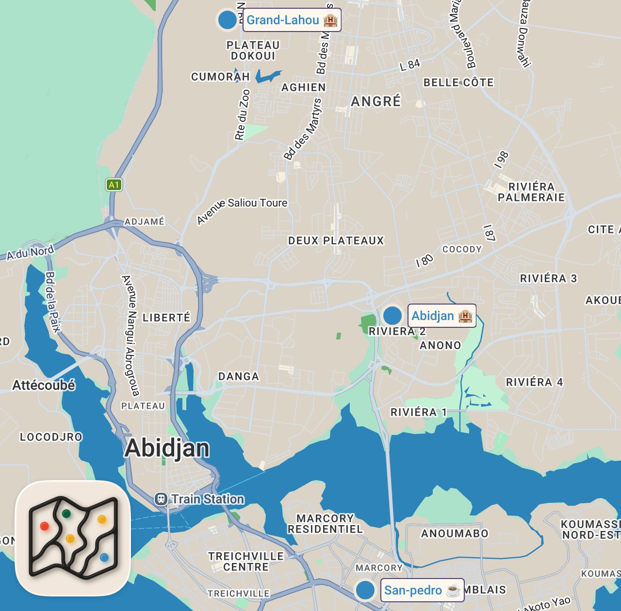 Map of 3 spots from Unseen African Food - 2 DAY AFRICAN CATFISH!! Seafood + Attiéké in Côte d’Ivoire!! 🇨🇮