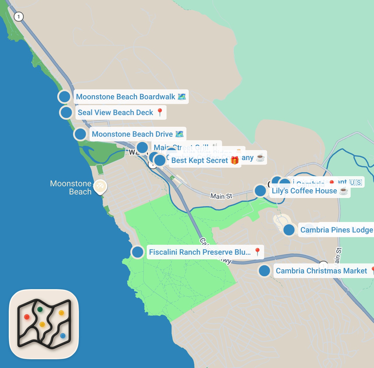 Map preview for The Perfect Christmas Weekend in Cambria: Markets, Beaches, Food & More