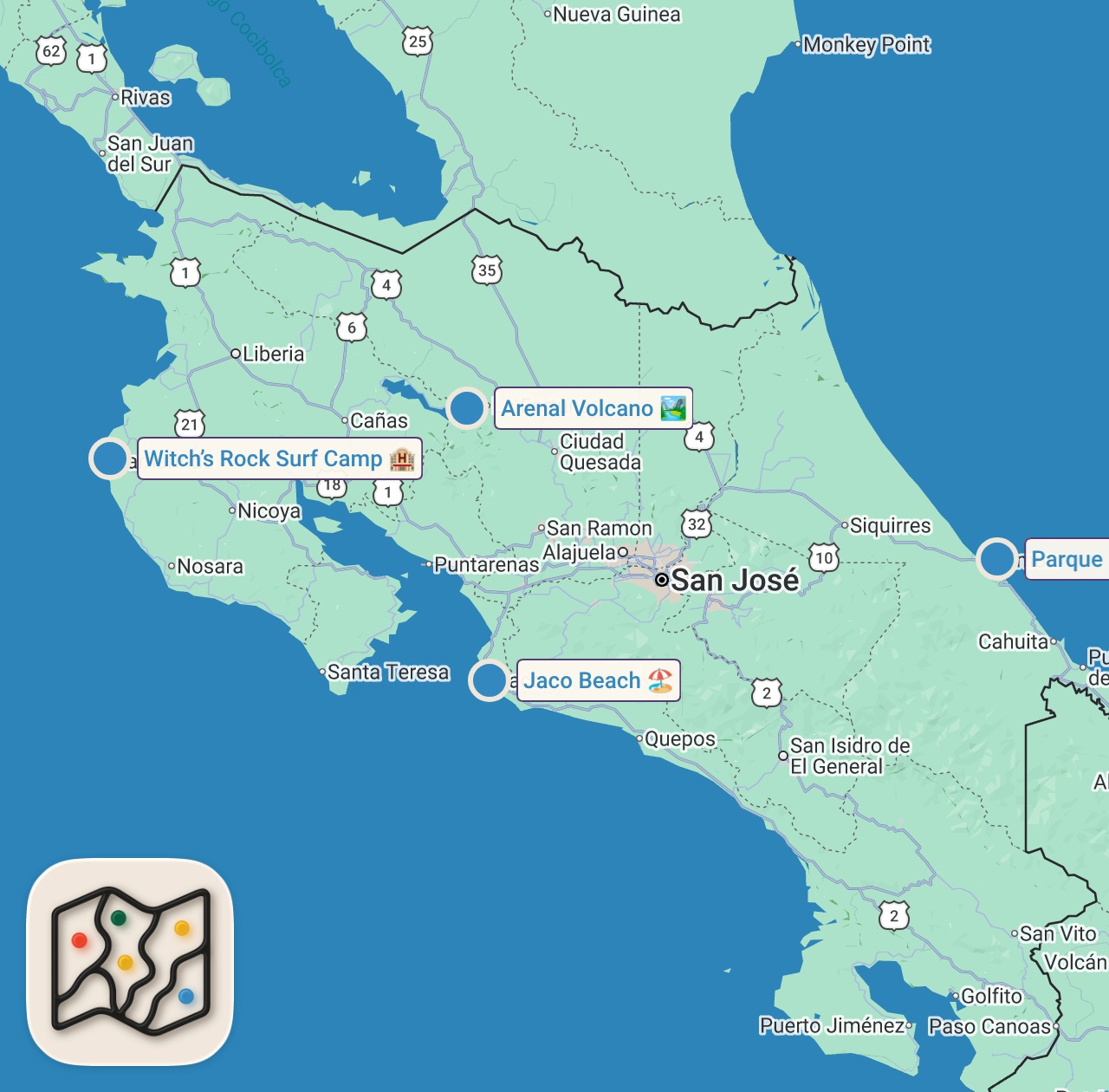 Map of 4 spots from TOP 10 THINGS TO DO IN COSTA RICA