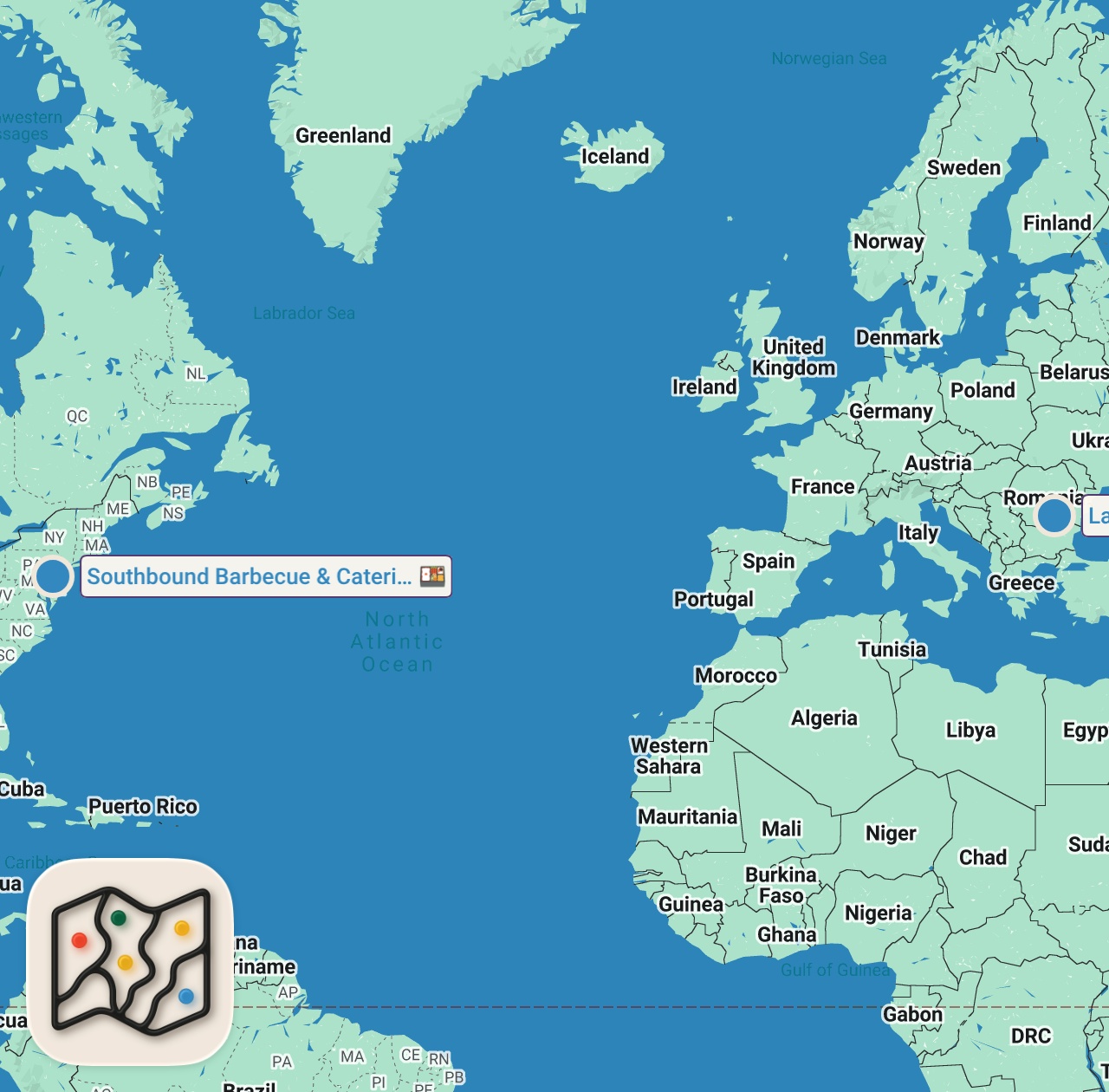 Map of 2 spots from Eating at Random Food Trucks In My City For 24 Hours...