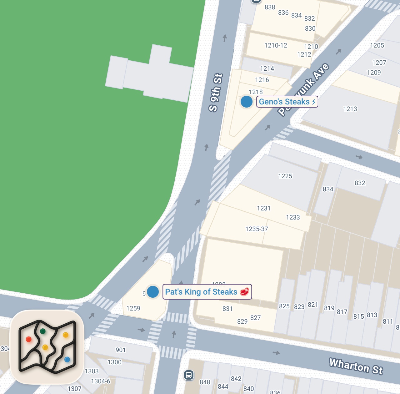 Map preview for BEST CHEESESTEAK IN PHILLY!? Pat's vs Geno's! Food Challenge | DEVOUR POWER