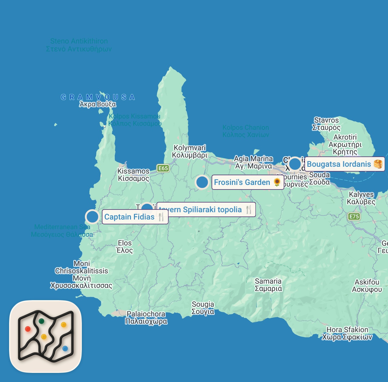 Map preview for INSANE Greek Street Food 🇬🇷 CRETE SEAFOOD PARADISE + Village BBQ Pork + 101 year-old Bougatsa