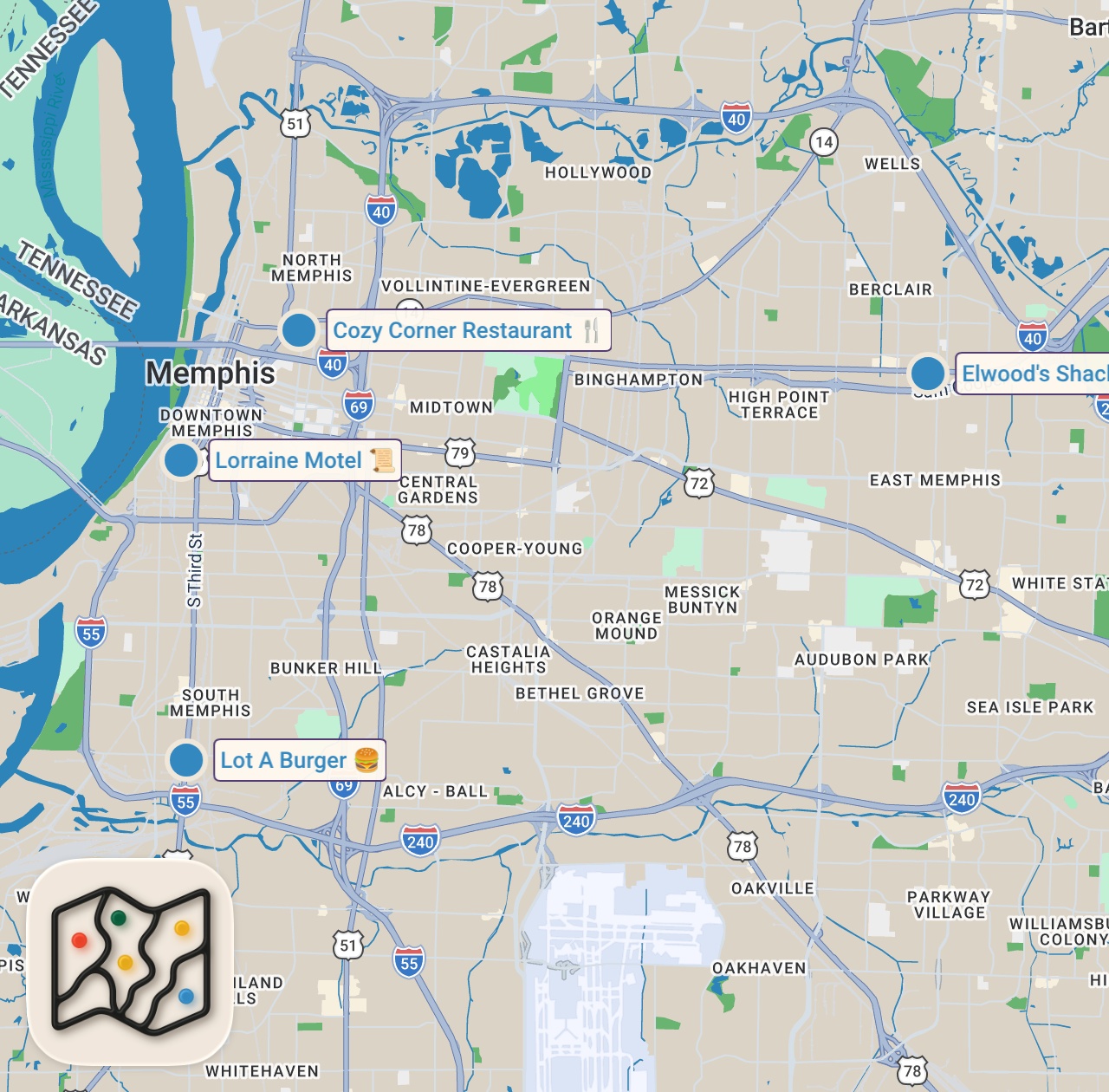Map preview for Eating at SKETCHY Restaurants For 24 Hours in Memphis...