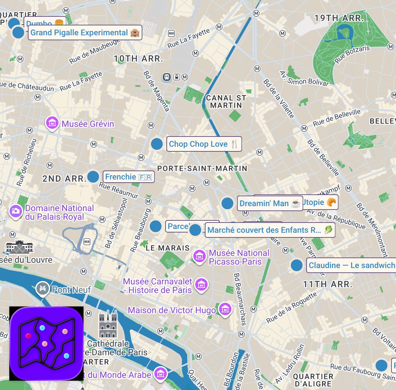 Map of 11 spots from Paris' Best Restaurants: Where Chefs Eat