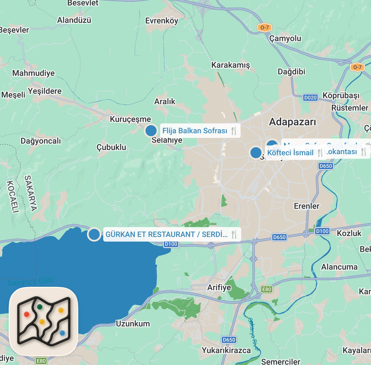 Map of 5 spots from SAKARYA LEZZETLERİ | Islama Köfte, Flija, Tafça Grafça, İşkembe, Külbastı