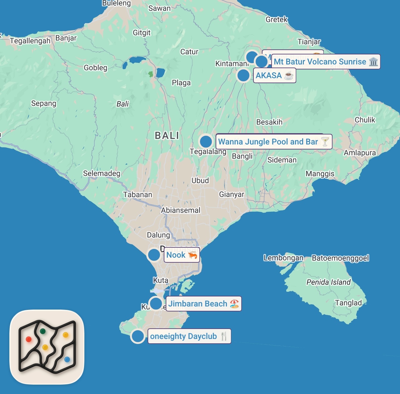 Map of 8 spots from Top 5 Bali Restaurants with INSANE Views (w/ Prices) • 2026 Budget Food Guide •Indonesia Travel Vlog
