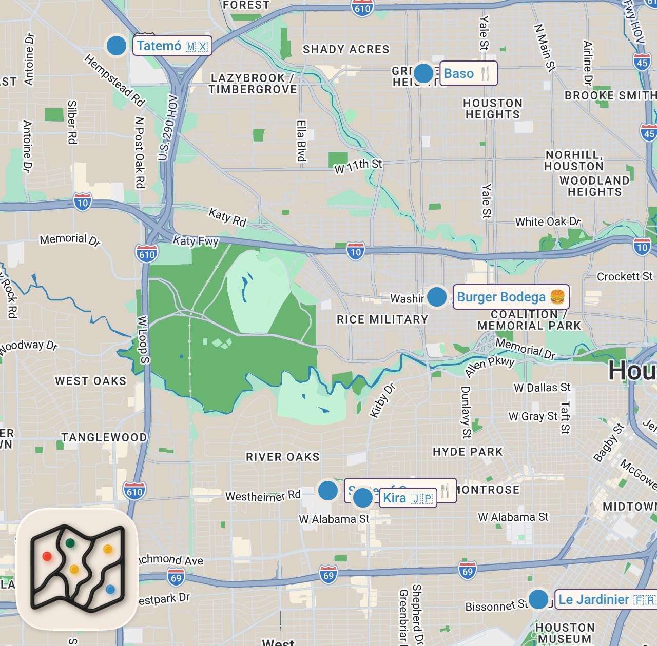 Map of 7 spots from 24HRS in HOUSTON - A Michelin Chef Shows Us Where To Eat - ft. Live Fire, Mexican, Burgers & More