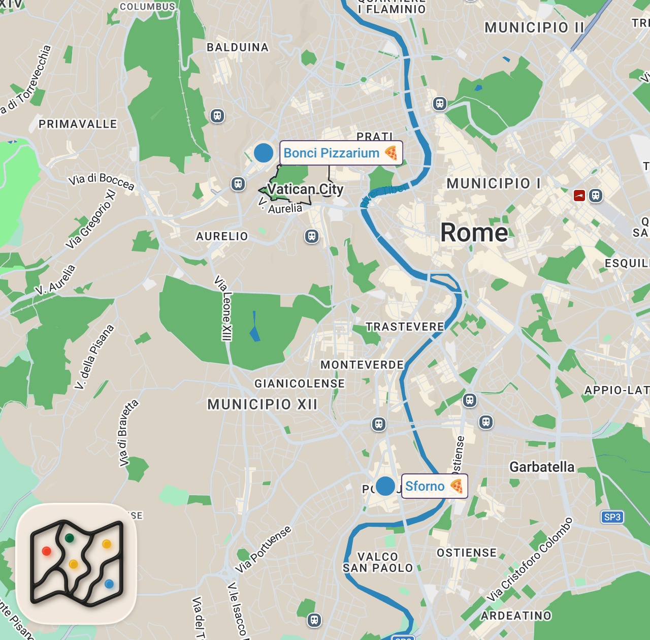Map of 2 spots from The Pizza Show: Rome