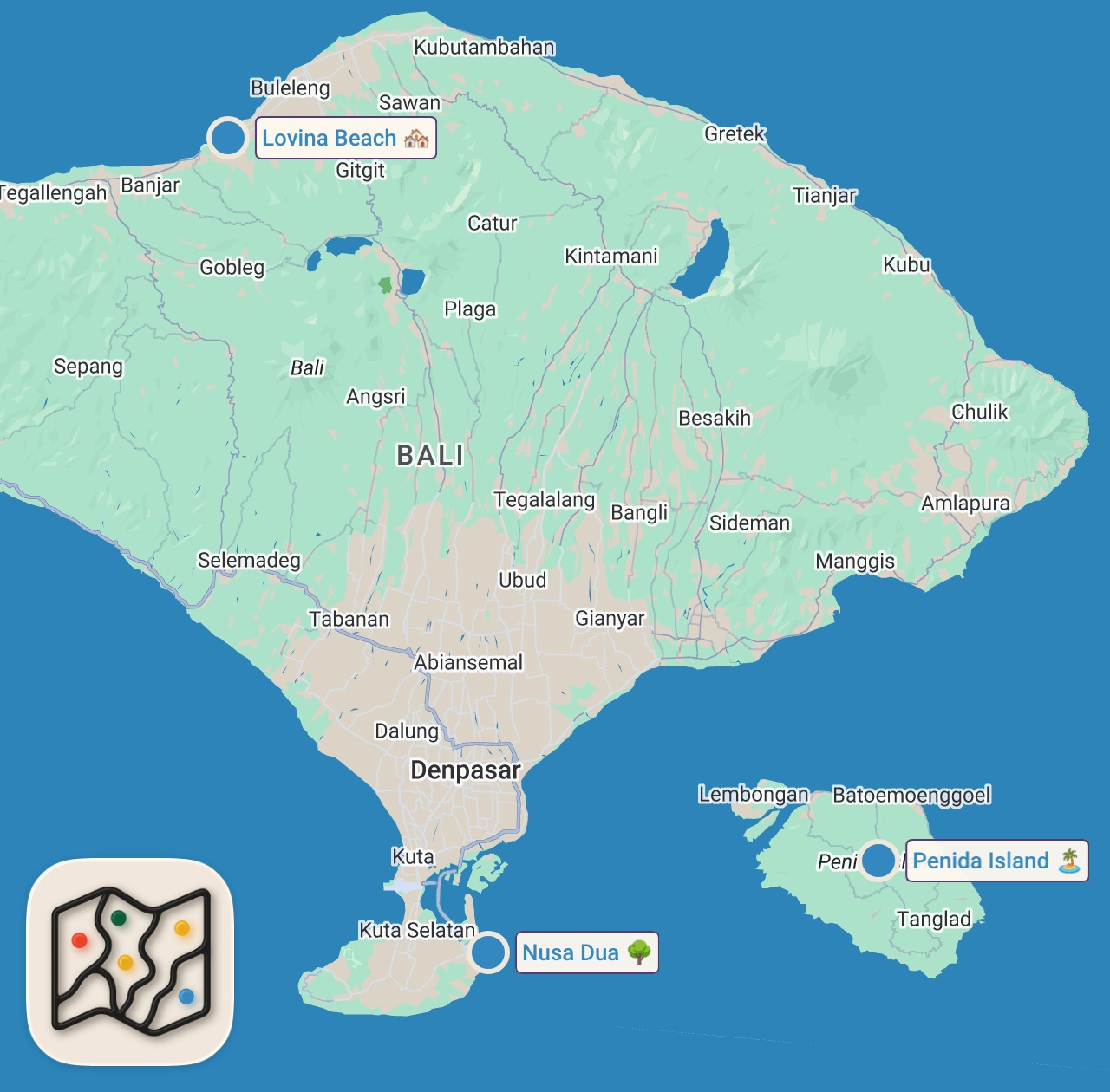 Map of 3 spots from 6 Things to do in Bali📍