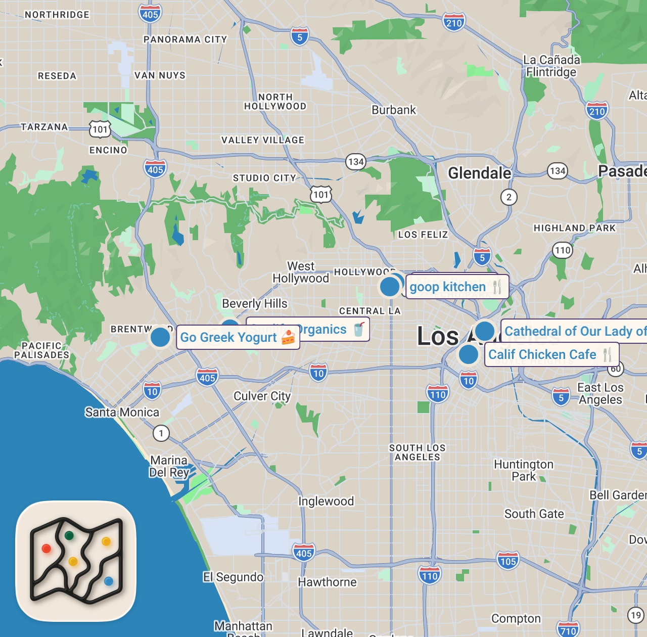 Map of 6 spots from Eating all of my favorite LA foods in 24 hours #shorts