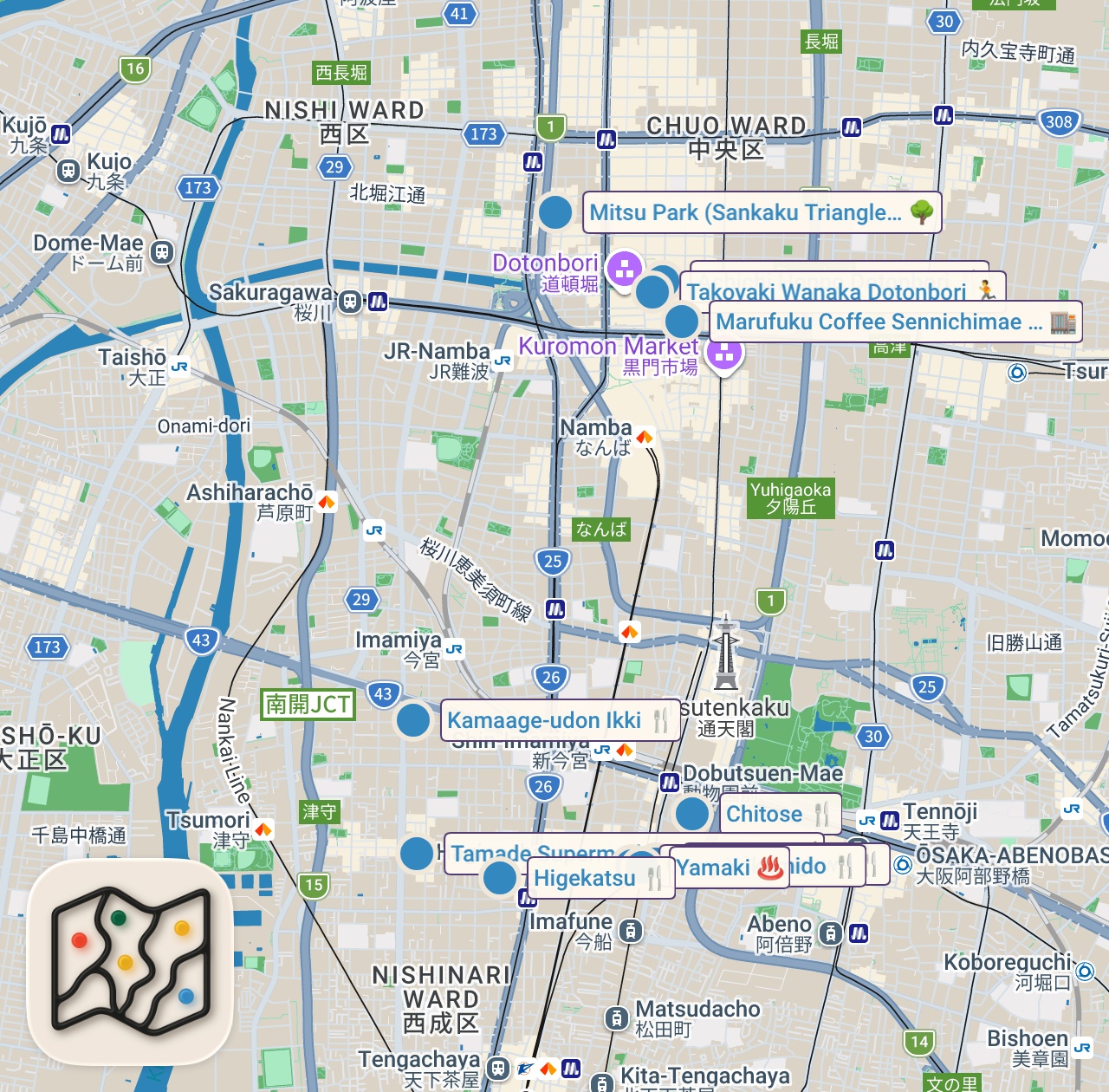 Map of 11 spots from 【大阪西成B級グルメ】スラム街あいりん地区、屋台＆ローカル激ウマ飯Best10