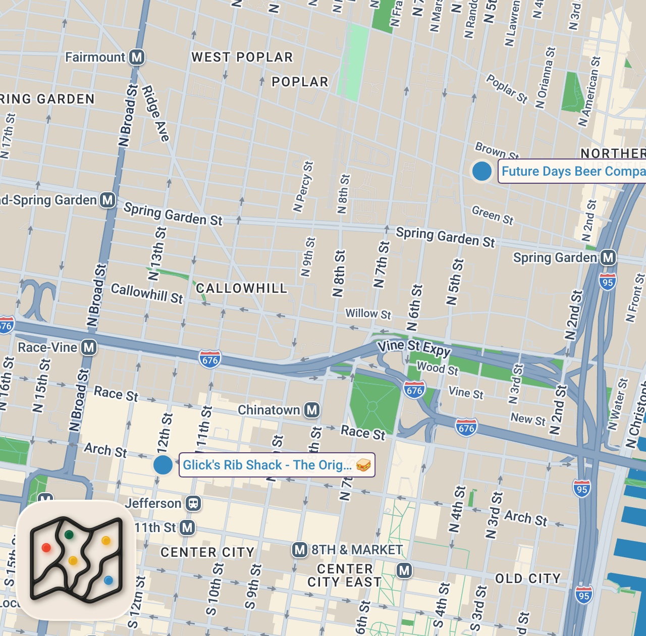 Map of 2 spots from Insane Philly BBQ X Beer pop up!