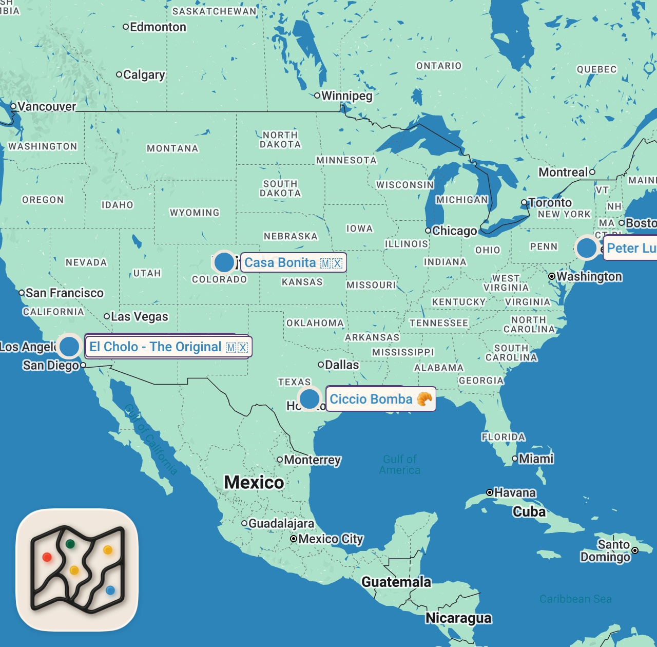 Map of 12 spots from I Tried Celebrities Favorite Foods
