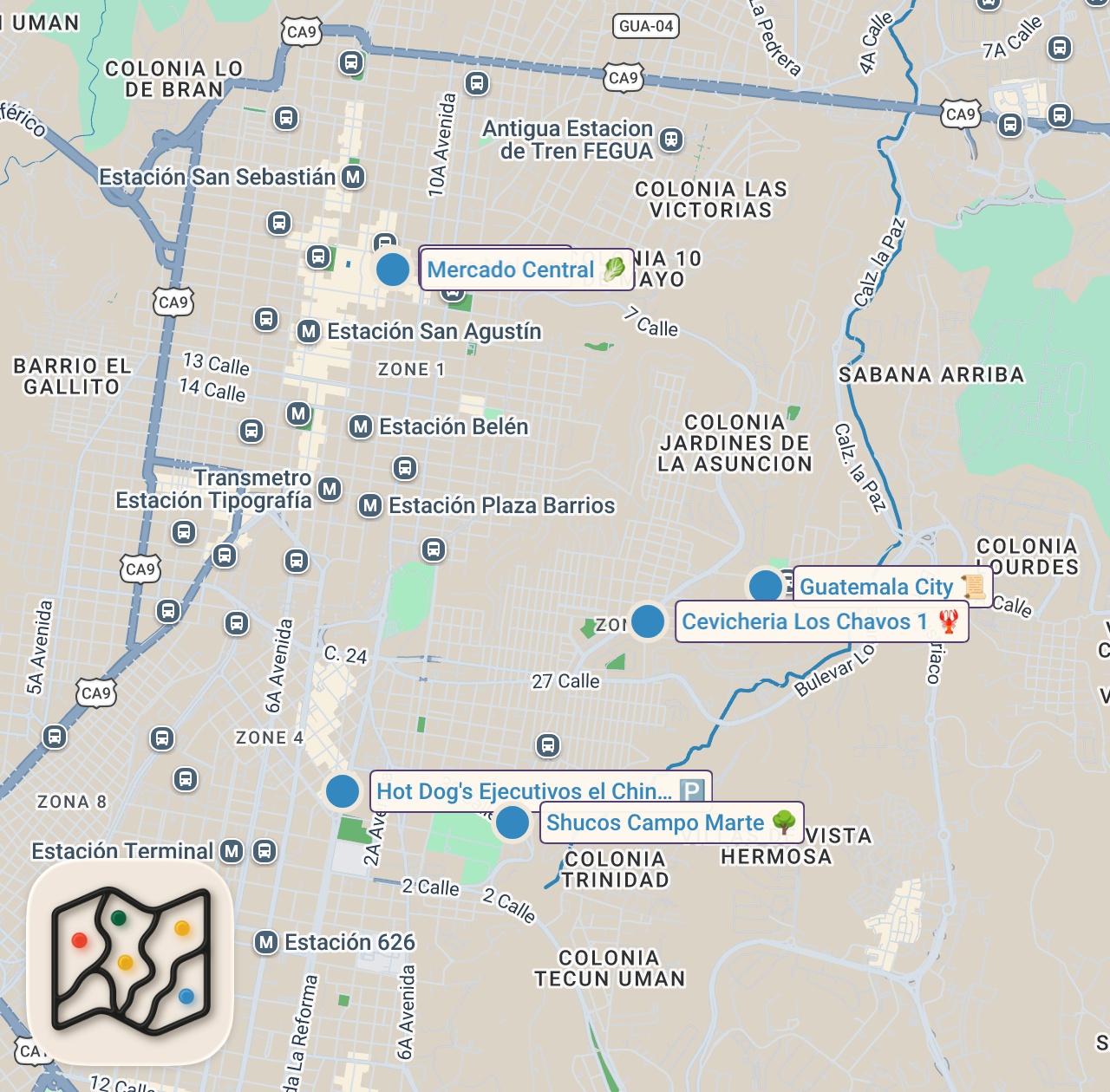 Map of 7 spots from Guatemala Street Food Tour!! 🇬🇹 CRAZIEST HOT DOGS in the World in Guatemala City!