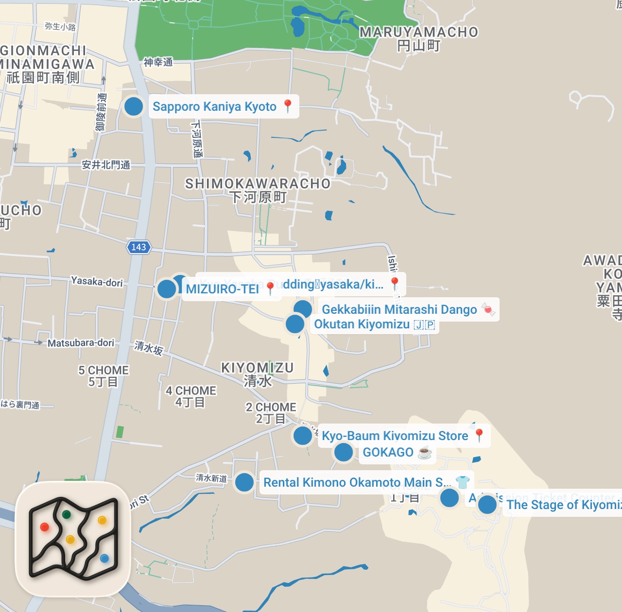 Map preview for 【京都清水寺エリア】食べ歩き vlog │ おすすめグルメ＆スイーツ１２選！お団子／抹茶／プリン／祇園