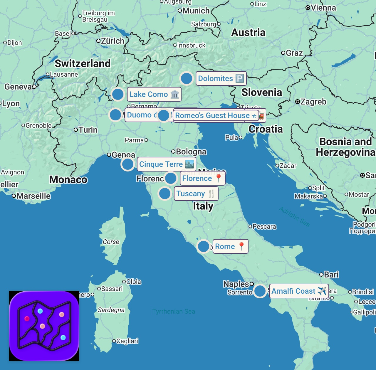 Map of 11 spots from 10 BEST PLACES TO VISIT IN ITALY