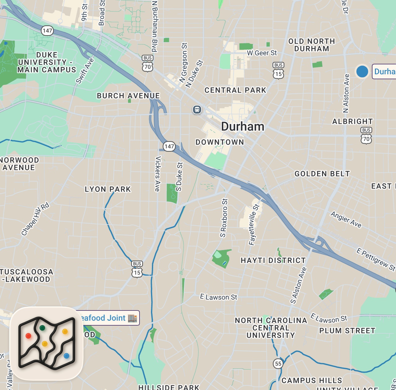 Map of 2 spots from Fish & Chips!! 🐟 SEAFOOD FRY + Fried Shrimp! | Saltbox - Durham, NC!!