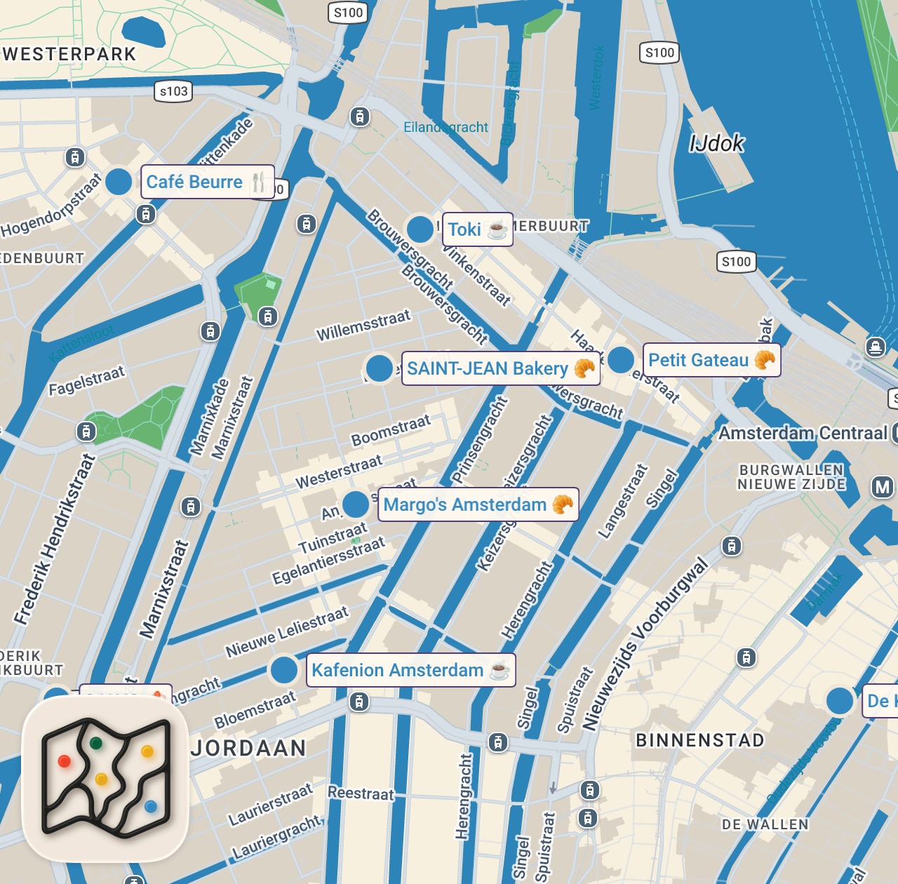 Map of 8 spots from Cafe hopping in Amsterdam 🇳🇱 Dutch apple pie, pistachio brioche & Greek bougatsa