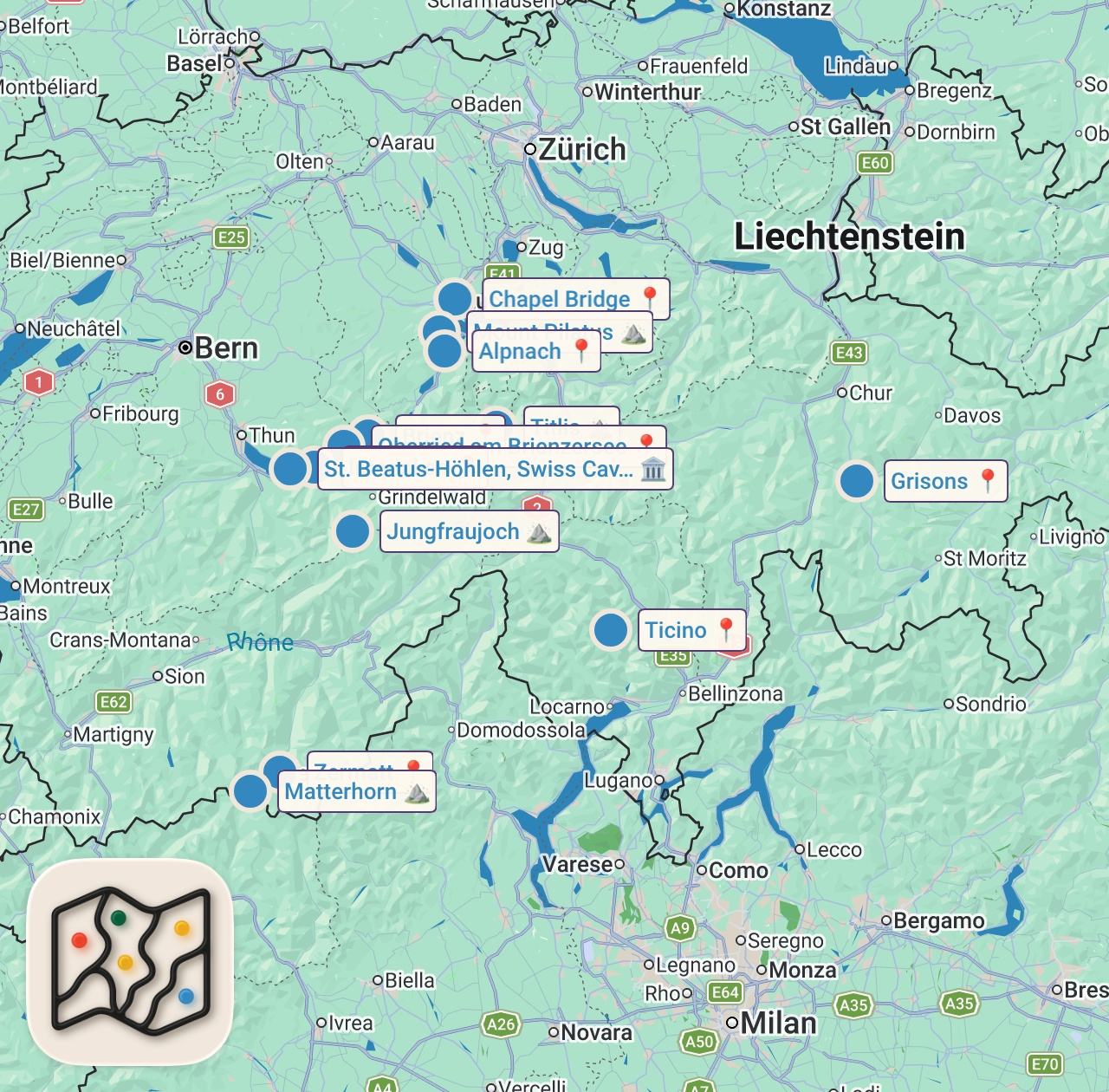 Map of 14 spots from 10 Tourist Mistakes to Avoid in Switzerland 🇨🇭 | A Local's Insider Guide!