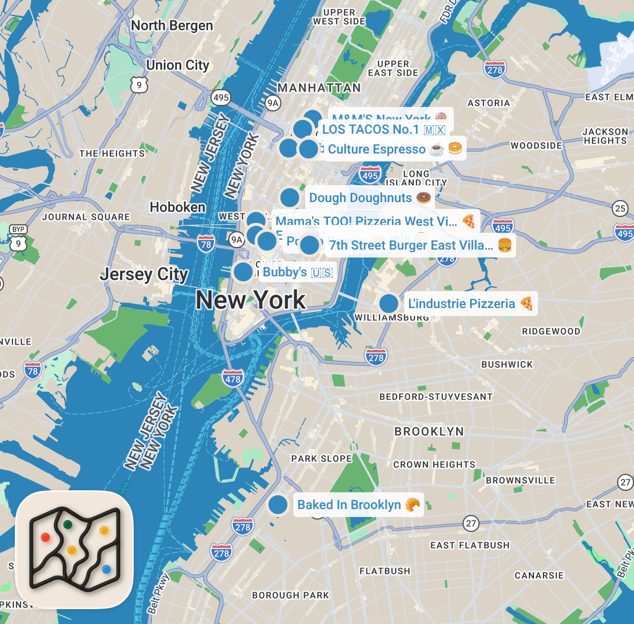 Map preview for My Top 18 Foods I ate in New York in 4 Days🍕🍔🥯🍝#newyork #nycfood #newyorkfood