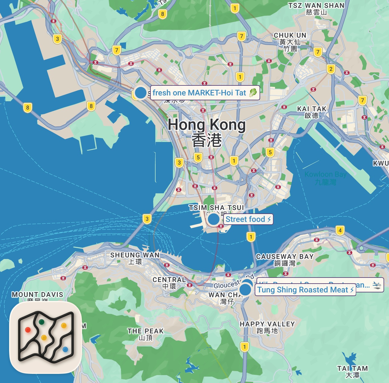 Map of 4 spots from Best HONG KONG Street Food!! 19 Meals - Ultimate Hong Kong Food Tour [Full Documentary]