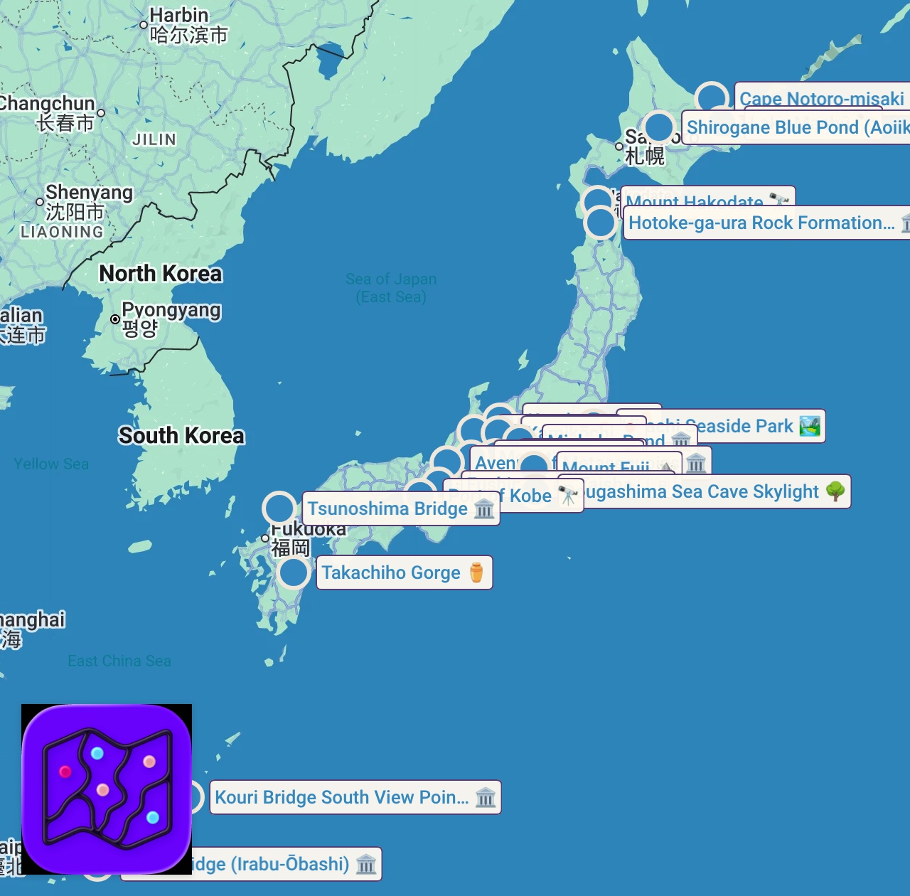 Map of 21 spots from 【4K】一生に一度は見たい日本の絶景20選｜息を呑むほど美しい、異世界の旅路。