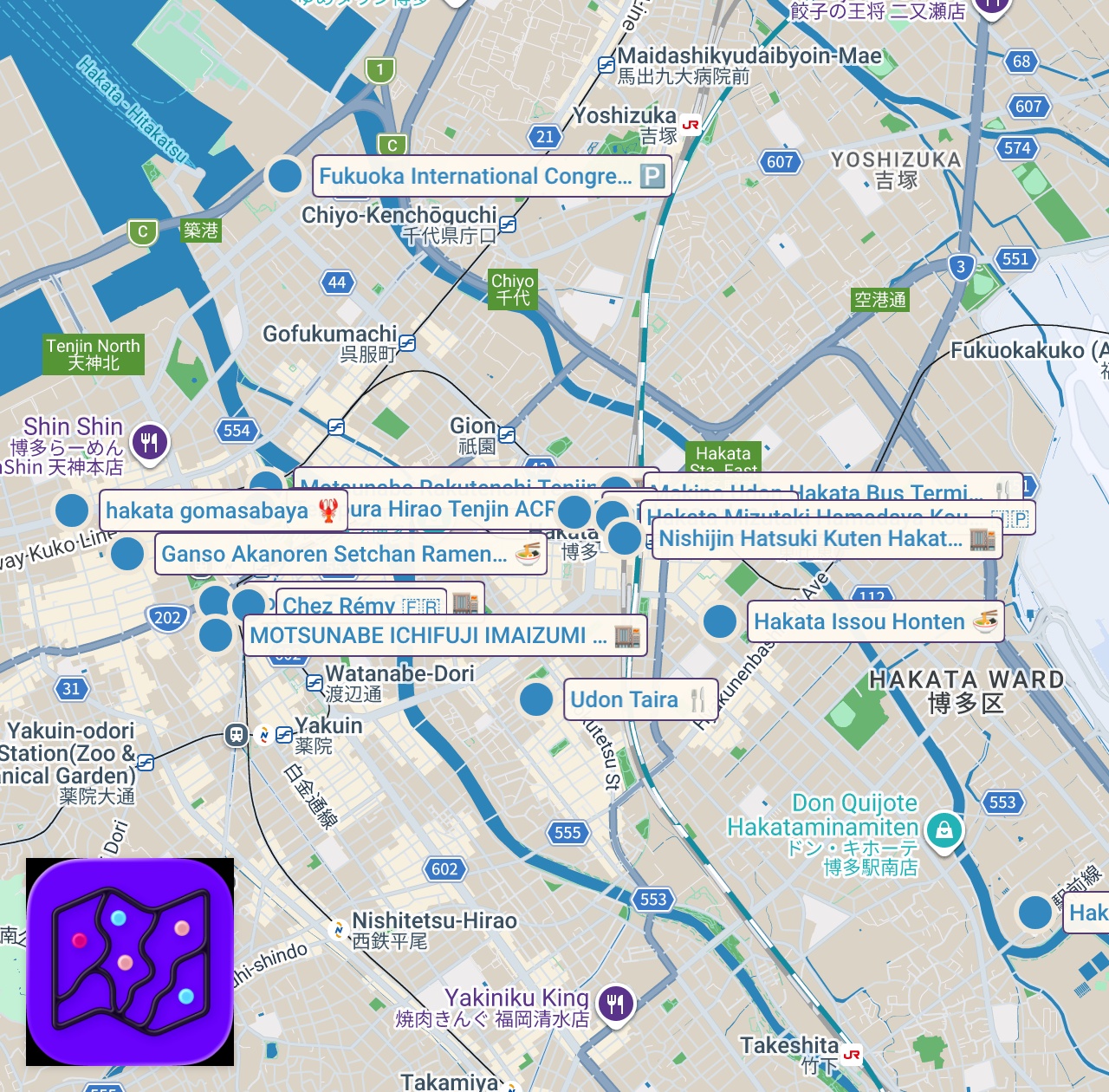 Map of 16 spots from 【福岡グルメ16選】福岡・博多旅行でおすすめの絶品グルメを大紹介！人気の博多ラーメン・もつ鍋から地元で愛される名店まで、人生に一度は訪れたいまさに極上のお店です！