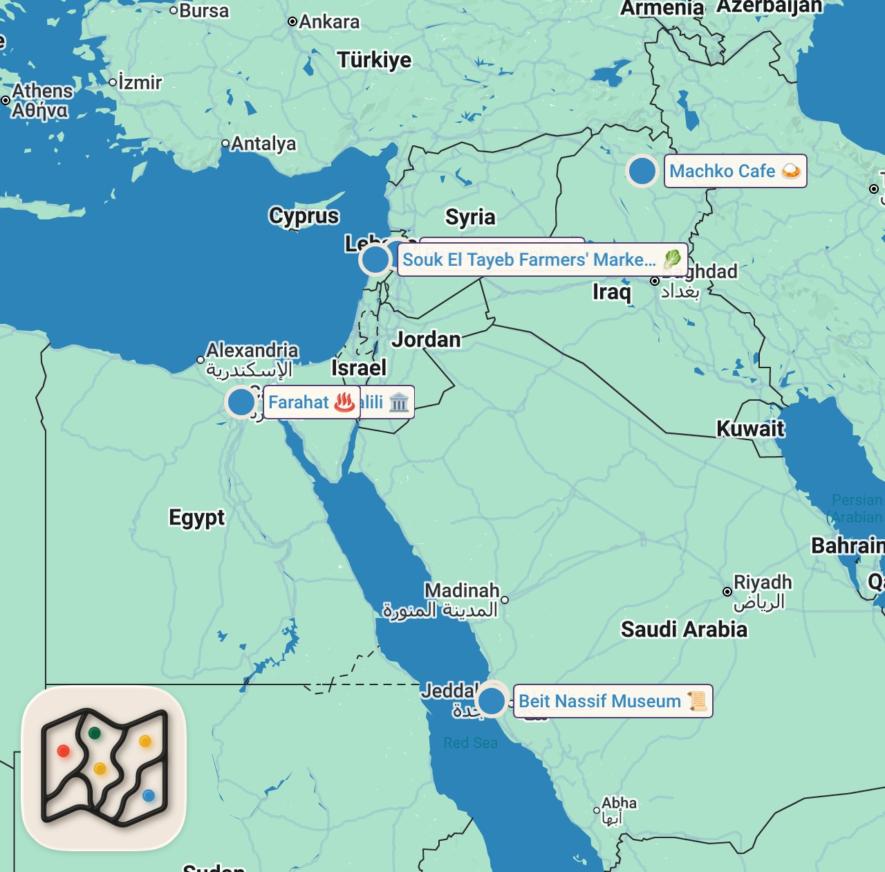Map of 7 spots from Anthony in the Middle East | Anthony Bourdain: No Reservations | Travel Channel
