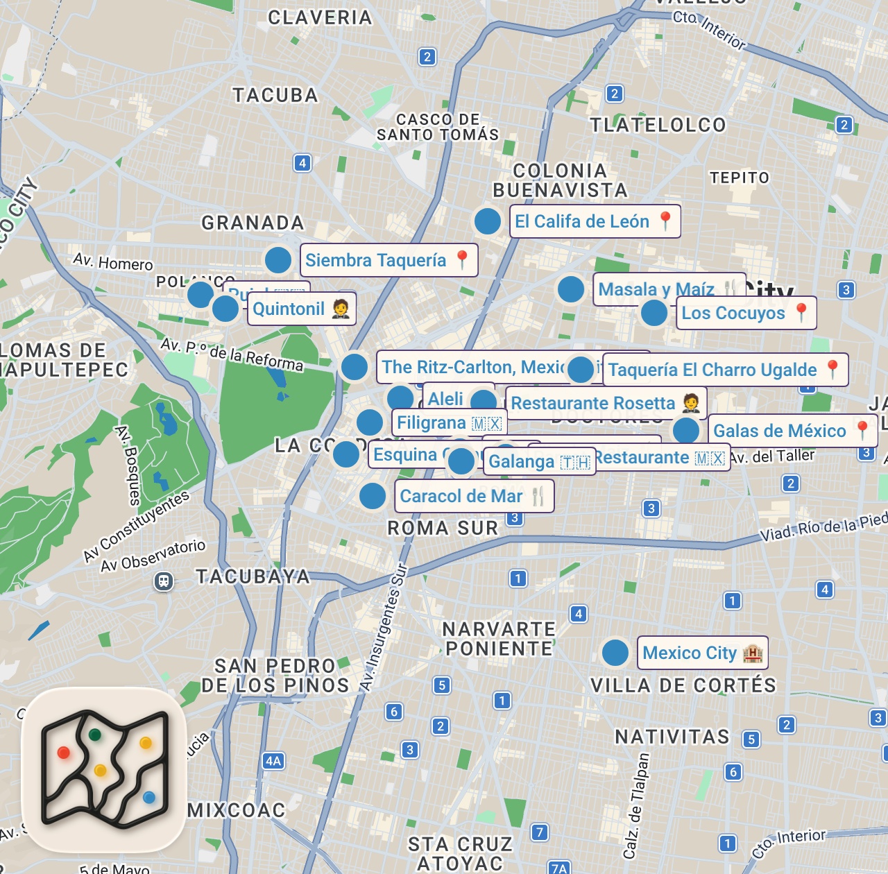 Map of 19 spots from The Top 20 BEST Restaurants in Mexico City, Mexico (2026)